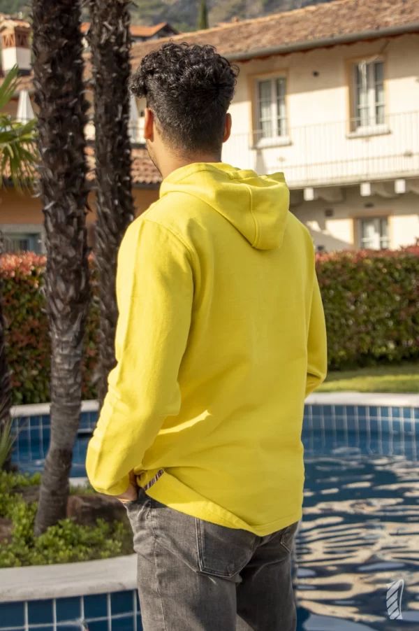 Essential lime color sweatshirt with pocket and hood made of pre-consumer recycled contamination-free Turkish cotton and made in Italy only to order hood detail