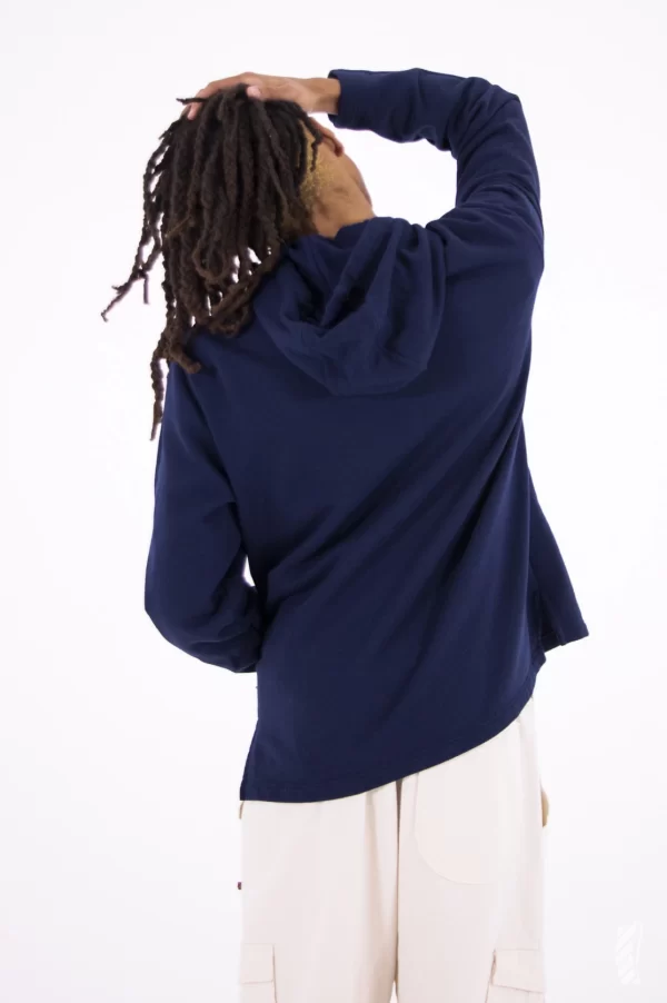 Essential sweatshirt with pocket and hood made of pre-consumer recycled contamination-free Turkish cotton navy color men's retro