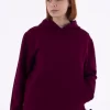 Essential sweatshirt with pocket and hood made of pre-consumer recycled contamination-free Turkish cotton raspberry color women's front