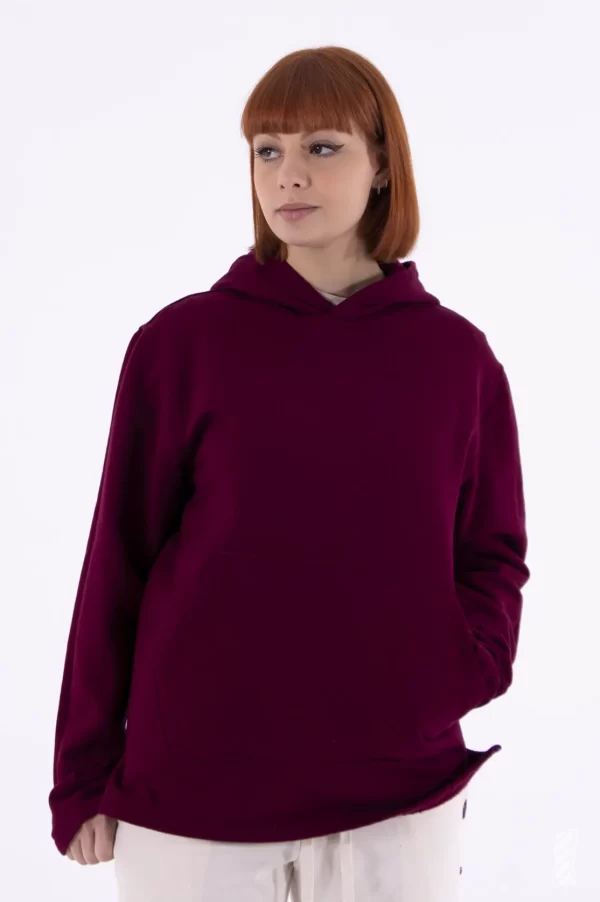 Essential sweatshirt with pocket and hood made of pre-consumer recycled contamination-free Turkish cotton raspberry color women's front