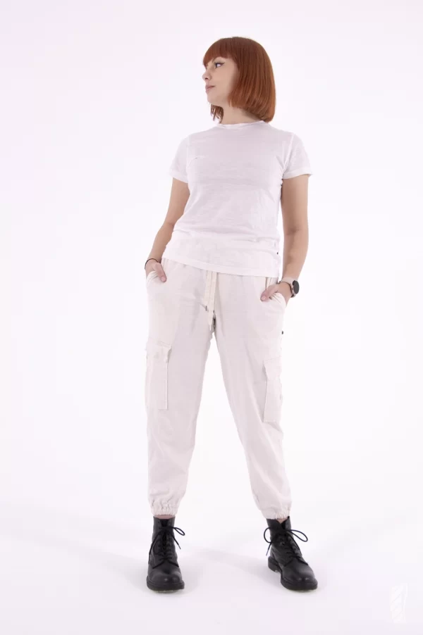 Pantalone cargo in canapa e cotone Supima® greggio, fronte donna