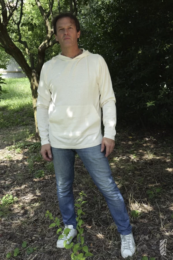 The hoodie made of bleached hemp fabric and Supima cotton men's front.