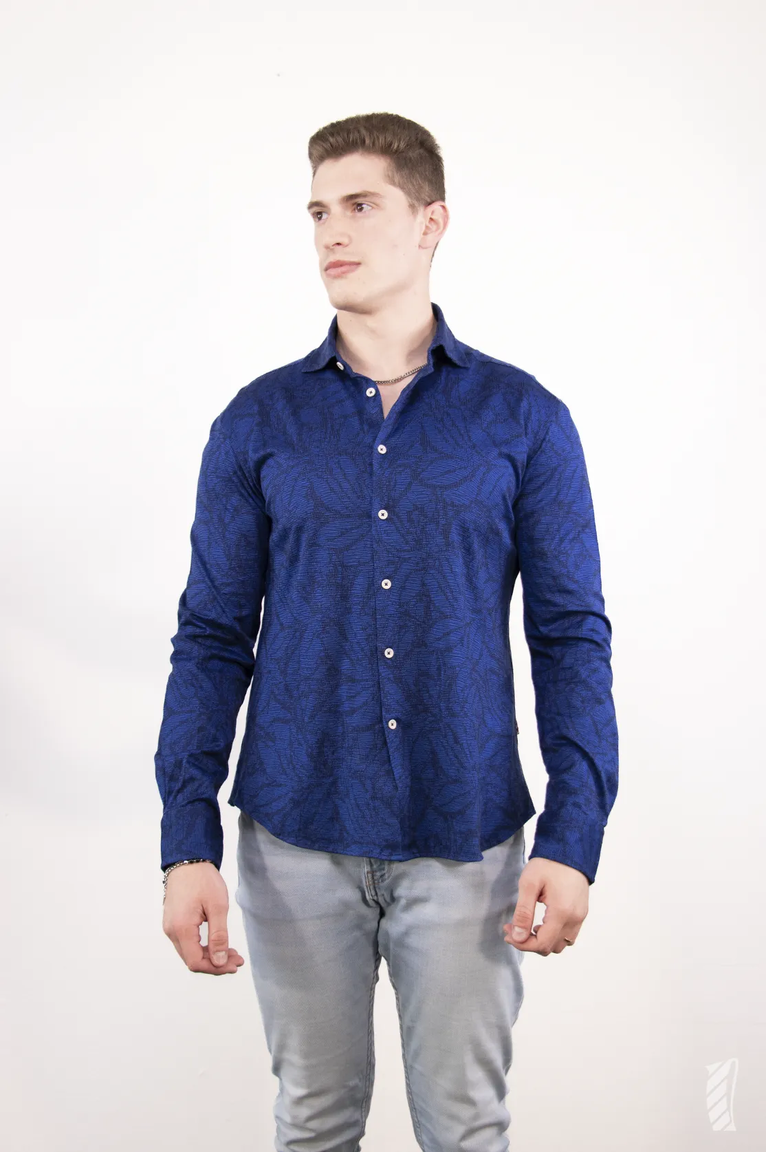 Camicia jacquard foliage blu frontale uomo